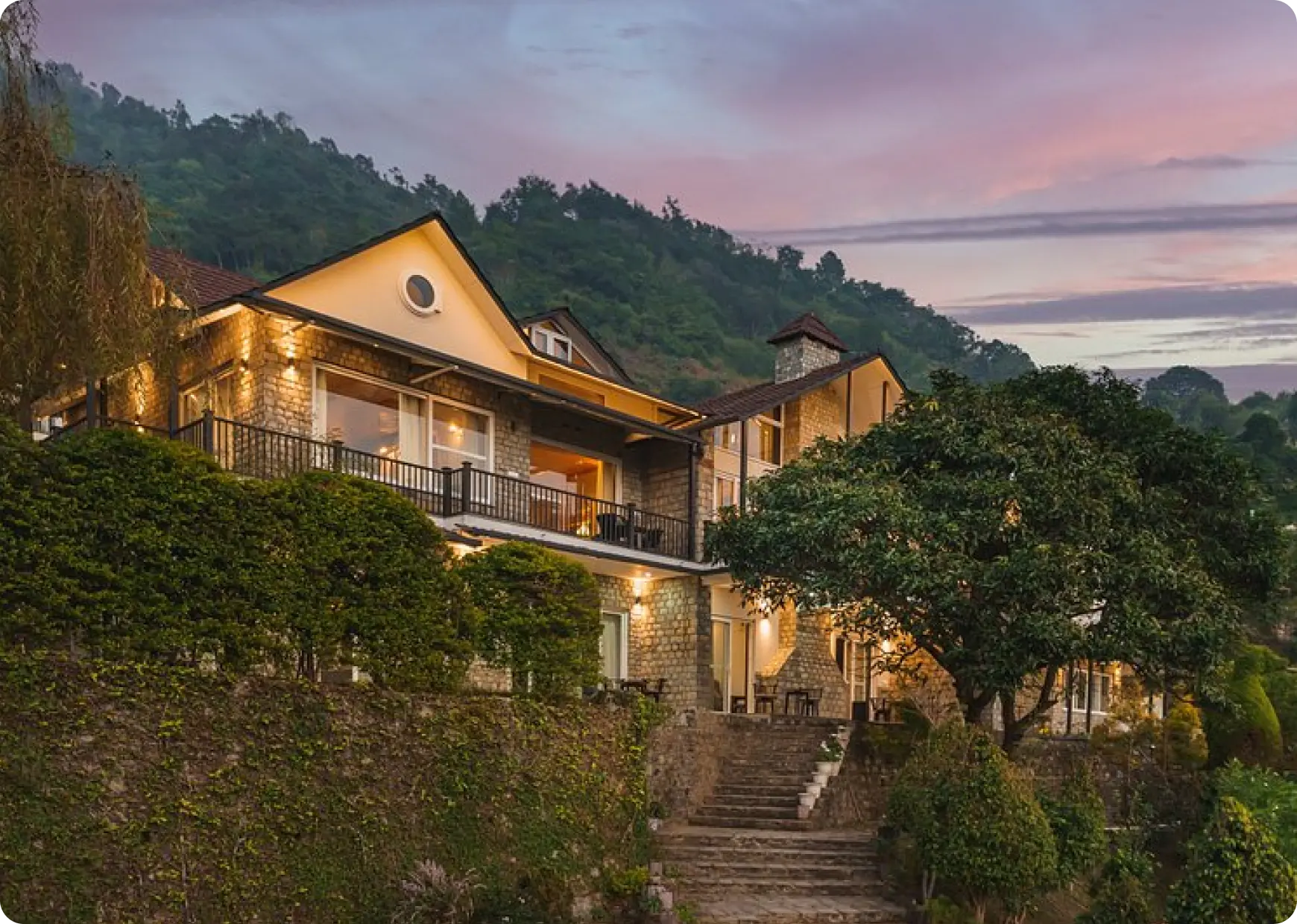 Willowdale villa exterior at dusk, Naukuchiatal
